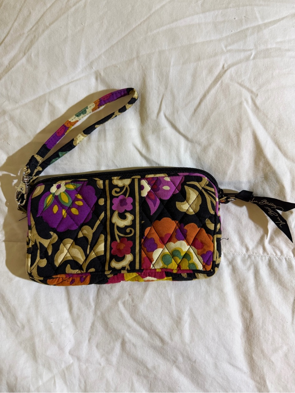Vera Bradley Black Quilted Floral Wristlet with Purple and Orange Accents